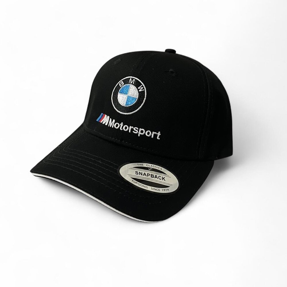 Black BMW Motorsport snapback cap with embroidered logo #BMWmotorsport